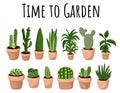 Time to garden banner. Set of hygge potted succulent plants postcard. Cozy lagom scandinavian style collection of plants