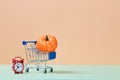 Time to harvest festival. Happy thanksgiving day. Shopping cart with pumpkin miniature and red alarm-clock. Copy space Royalty Free Stock Photo