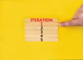 Time to iteration 1 symbol. Concept word Iteration 1 2 3 4 5 on wooden sticks. Businessman hand. Beautiful yellow table yellow