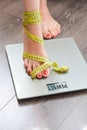Time to lose kilograms with woman feet stepping on a weight scale