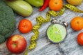 Time to lose Weight. Fruit, Vegetable and Alarm Clock on the table, Diet and Fitness concept. Flat Lay. Royalty Free Stock Photo