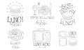 Time to Lunch Hand Drawn Retro Labels Set, Best in Town Fresh Natural Food Menu Monochrome Badges Vector Illustration Royalty Free Stock Photo