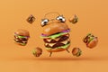 time to make burgers. a large burger in the form of an alarm clock around which are small burgers. 3D render