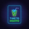 Time to mojito neon lettering on brick wall background. Royalty Free Stock Photo