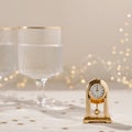 Time to New Year holiday celebration concept, gold vintage clock showing twelve o'clock, wineglasses with sparkling Royalty Free Stock Photo