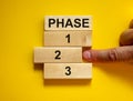 Time to Phase 2. Wooden blocks form the words `phase, 1, 2, 3,` on yellow background. Male hand. Beautiful background. Business