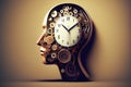 Time to plan and implement business concept, action group of clocks in the shape of a human head with a winding key with 3D