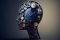 Time to plan and implement business concept, action group of clocks in the shape of a human head with a winding key with 3D
