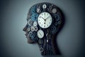 Time to plan and implement business concept, action group of clocks in the shape of a human head with a winding key with 3D