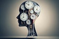 Time to plan and implement business concept, action group of clocks in the shape of a human head with a winding key with 3D