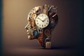 Time to plan and implement business concept, action group of clocks in the shape of a human head with a winding key with 3D