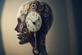 Time to plan and implement business concept, action group of clocks in the shape of a human head with a winding key with 3D
