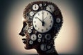 Time to plan and implement business concept, action group of clocks in the shape of a human head with a winding key with 3D