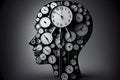 Time to plan and implement business concept, action group of clocks in the shape of a human head with a winding key with 3D