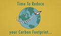 Time to reduce your Carbon footprint text with paper plane flying around the earth leaving black carbon footprints in vapour trail