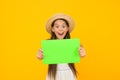 Time to relax. carefree beauty show paper sheet. copy space. surprised kid in straw hat. child advertises beach activity