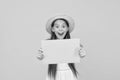 Time to relax. carefree beauty show paper sheet. copy space. surprised kid in straw hat. child advertises beach activity