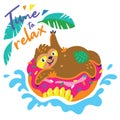 Time to relax card. Funny cartoon sloth swimming on a donut