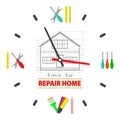 Time to repair home concept. Watch dial is a tools for repairing. Professional remodel services logo.