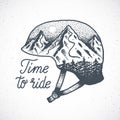 Time to Ride Abstract Vector Hand Drawn Snowboard or Ski Helmet with Mountain Landscape in Dotwork Style.