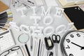 Time to school word on the desk with stationery Royalty Free Stock Photo
