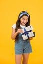 Time to shop. cheerful kid open wrapped box. best resent ever. gift she expected. small girl customer open gift. happy Royalty Free Stock Photo
