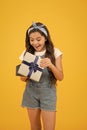 Time to shop. cheerful kid open wrapped box. best resent ever. gift she expected. small girl customer open gift. happy Royalty Free Stock Photo