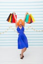 Time to shop. Fashion. Black Friday sales. happy woman go shopping. Happy shopping online. Happy holidays. Crazy girl Royalty Free Stock Photo