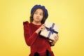 Time to shop. thoughtful small girl with present box. small girl hold holiday gift. happy birthday. boxing day. parisian