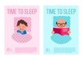 Time to sleep banners with man and woman in bed on pillows vector illustration. Woman with insomnia problems and man Royalty Free Stock Photo