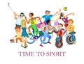 Time to sport with cartoon sportive young and old people vector banner illustration. Sportsmen and adults and children