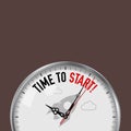 Time to Start. White Vector Clock with Motivational Slogan. Analog Metal Watch with Glass. Rocket, Startup Icon