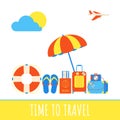 Time to travel summer beach holiday vacation poster or banner flat style design vector illustration concept isolated white backgro Royalty Free Stock Photo