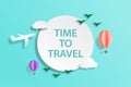 Time to travel airplane flying with balloon on green sky and cloud air transportation concept paper art cut stylevector