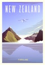 Time to travel. Around the world. Quality vector poster. National park Fiordland. Royalty Free Stock Photo