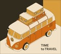 Time to travel background with retro bus and suitcases. Tourism concept in isometric style. Vector illustration Royalty Free Stock Photo