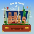 Time To Travel Banner. Suitcase Full of World Famous Places Royalty Free Stock Photo