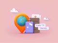 Time to travel banner. Trip banner with passport, tickets, travel bag. 3D Web Vector Illustrations