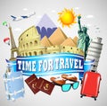 Time to Travel Blue Ribbon with famous Landmarks and Travel Objects