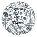 Time to travel calligraphy lettering poster, banner, label. Vector sketch illustration. Summer vacation concept Royalty Free Stock Photo