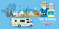 Time to travel. Camper journey of elderly couple concept design flat banner Royalty Free Stock Photo