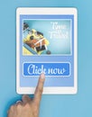 Time to travel click now for tablet travel application Royalty Free Stock Photo