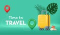 Time to travel concept banner with suitcase, tropical leaves and gps point. Realistic Vector illustration in 3D cartoon Royalty Free Stock Photo
