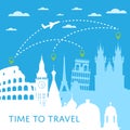 Time to travel concept with cityscape silhouettes Royalty Free Stock Photo