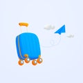 Time to travel concept, 3d paper airplane with blue suitcase, valise tourism and travel plan to trip, bag travel holiday