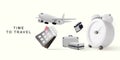 Time to travel concept. 3d realistic Booking airline tickets online. Vector illustration