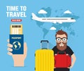 Time to travel concept design flat banner with traveler Royalty Free Stock Photo
