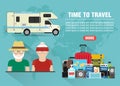Time to travel old people concept design flat banner with camper, trailer. Travel icon. Safe journey Royalty Free Stock Photo