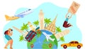 Time to travel concept, happy excited tourist people, sightseeing journey around world, vector illustration Royalty Free Stock Photo