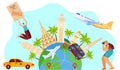 Time to travel concept, happy excited tourist people, sightseeing journey around world, vector illustration Royalty Free Stock Photo